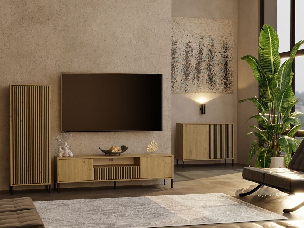 Komoda Front Ryflowany Szafka KAMARO 2D Slim / Gładki DĄB ARTISAN Lamele