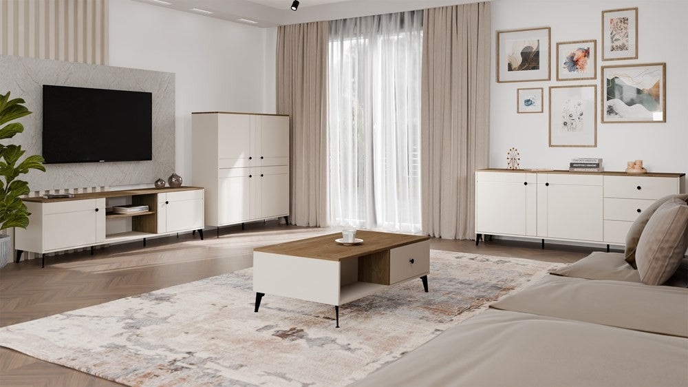 Stolik Kawowy Ława POINT 2S 110 Kaszmir Beż Dąb Castello 2 Szuflady Do Salonu