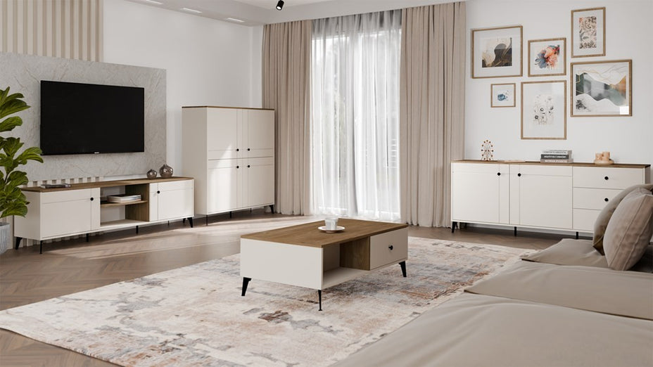 Stolik Kawowy Ława POINT 2S 110 Kaszmir Beż Dąb Castello 2 Szuflady Do Salonu