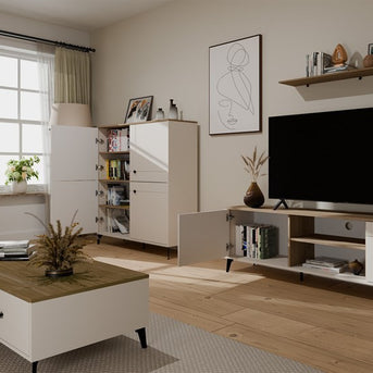 Stolik Kawowy Ława POINT 2S 110 Kaszmir Beż Dąb Castello 2 Szuflady Do Salonu