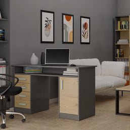 BIURKO ADA ANTRACYT DĄB ARTISAN 125 Cm 4 Szuflady Szafka Półki Do Biura Pokoju Na Laptop
