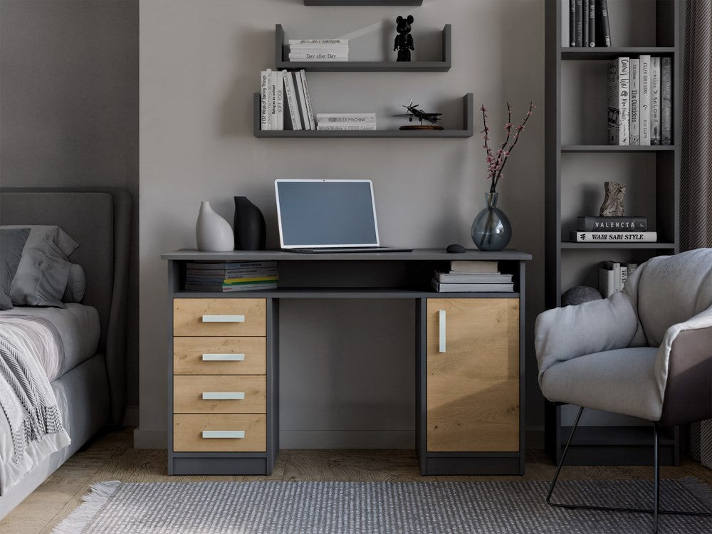 BIURKO ADA ANTRACYT DĄB ARTISAN 125 Cm 4 Szuflady Szafka Półki Do Biura Pokoju Na Laptop