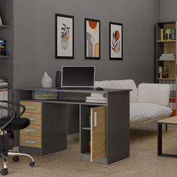 BIURKO ADA ANTRACYT DĄB ARTISAN 125 Cm 4 Szuflady Szafka Półki Do Biura Pokoju Na Laptop