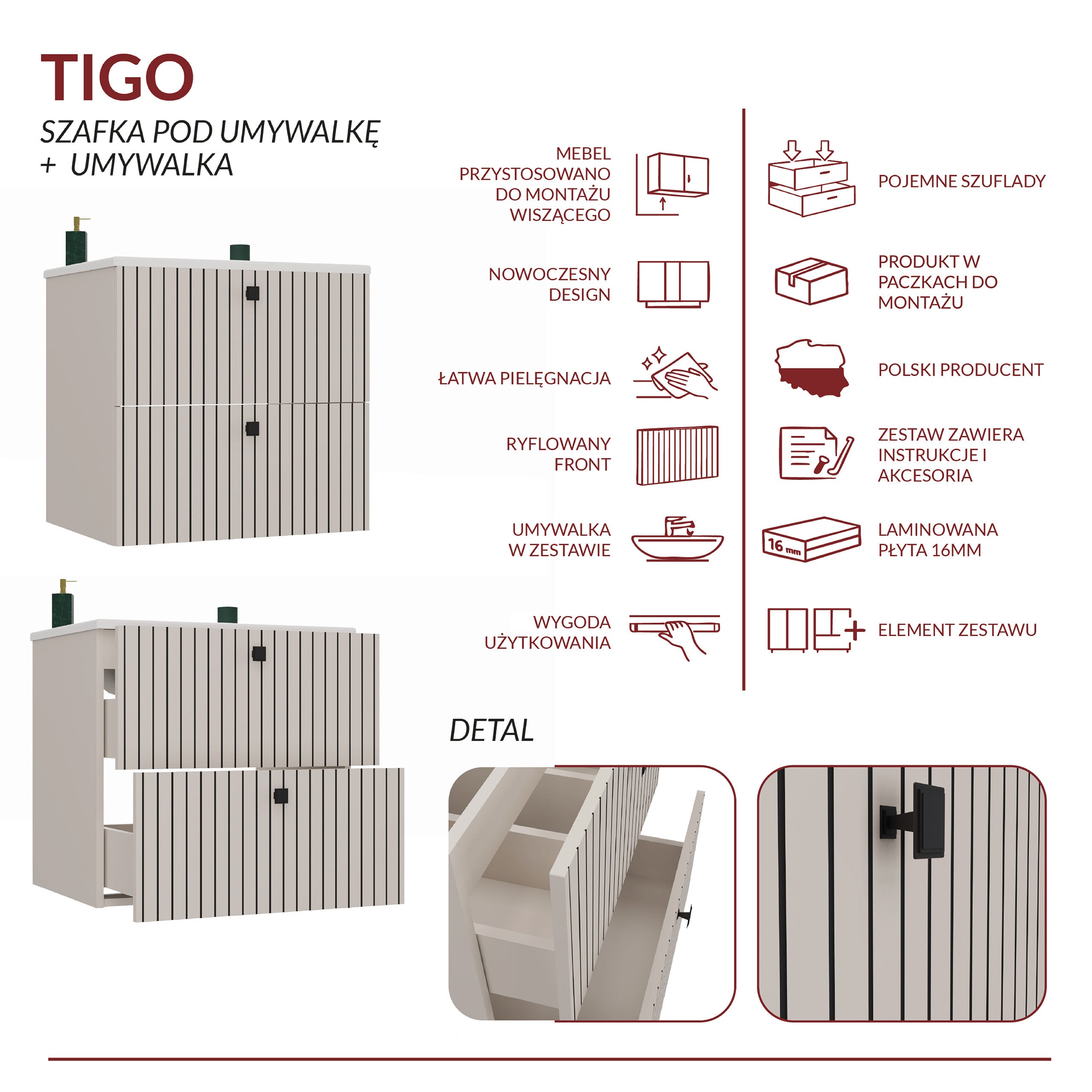 SZAFKA POD UMYWALKĘ TIGO 60 2S KASZMIR RYFLOWANY FRONT + UMYWALKA