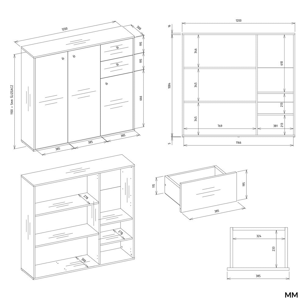 KOMODA FRAN BIAŁY 120 Cm Szafka 3 Drzwi 2 Szuflady 30 Cm Do Salonu Sypialni