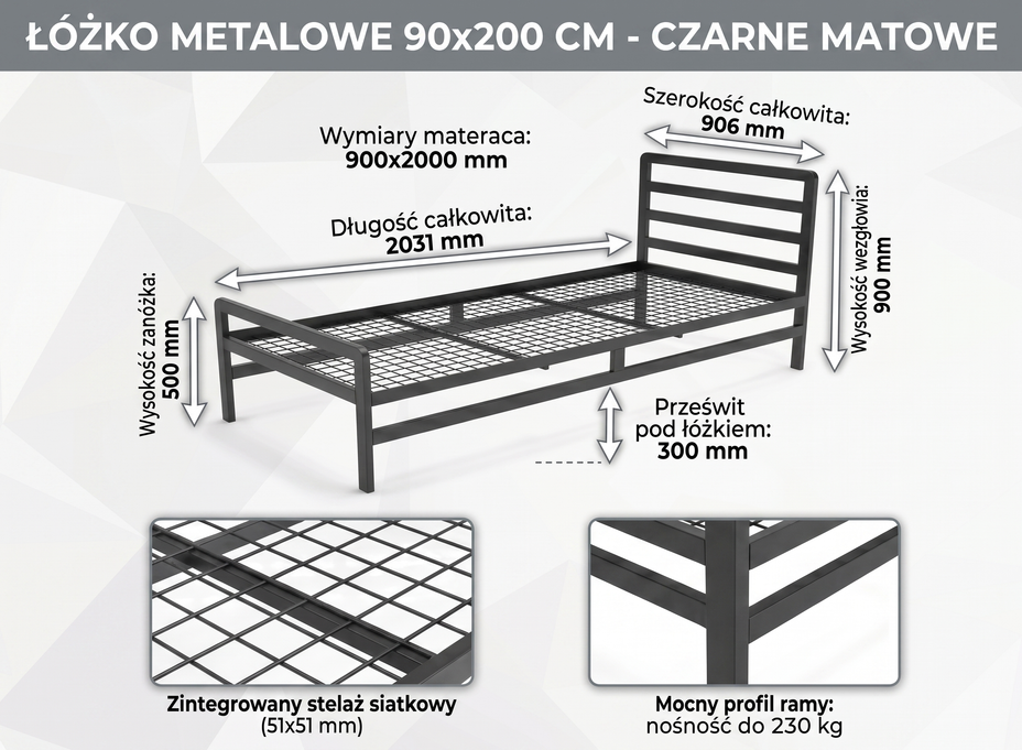 METALOWE ŁÓŻKO 90x200 - CZARNE