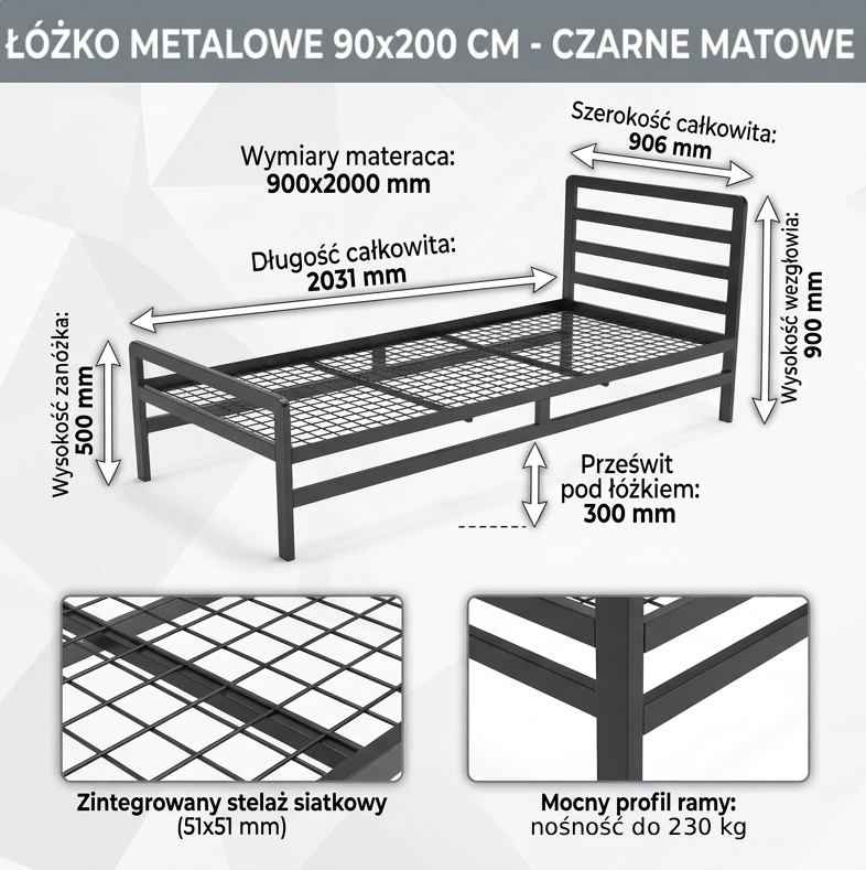 METALOWE ŁÓZKO 90x200 - CZARNE