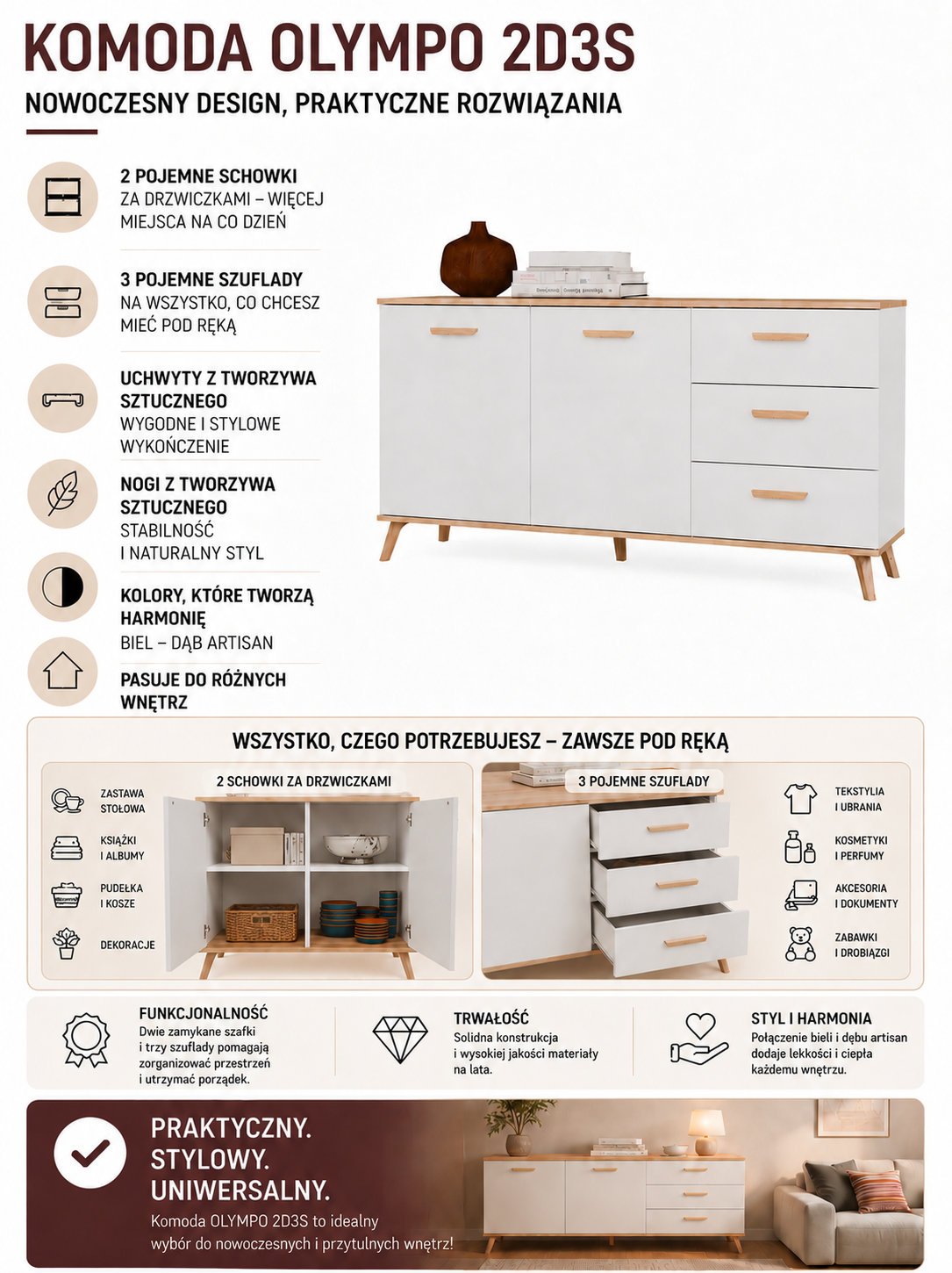 Komoda OLYMPO 2D3S BIAŁA DĄB ARTISAN Szafka 150 Cm 3 Szuflady 2 Drzwi