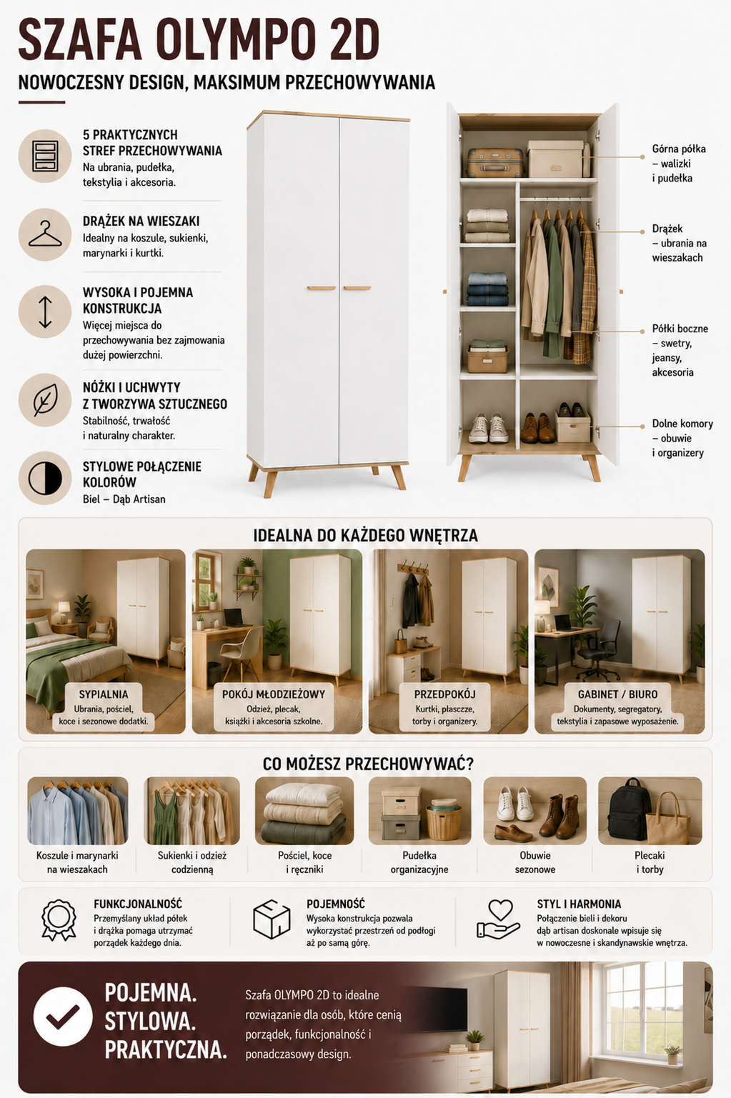 Szafa Ubraniowa OLYMPO 2D BIAŁA DĄB ARTISAN 80 Cm Drążek 2 Drzwi Sypialnia