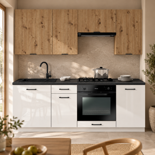 KUCHNIA VARIO 200CM RYFLOWANY ARTISAN/BIAŁY AKRYL POŁYSK C10/BLAT DISTRICT BEZ AGD