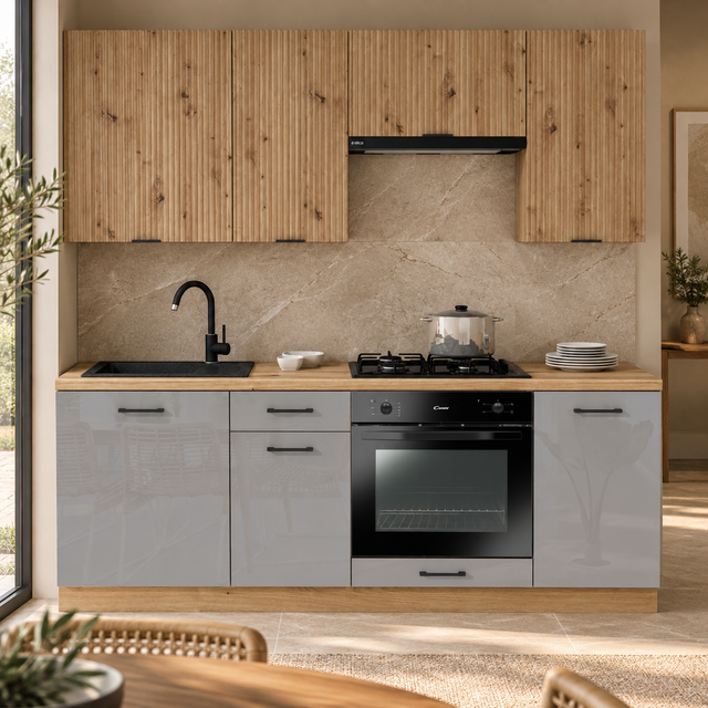 KUCHNIA VARIO 200CM RYFLOWANY ARTISAN/SZARY AKRYL POŁYSK C10/BLAT EVOKE BEZ AGD