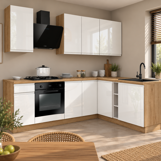 KUCHNIA VARIO 240X180CM BIAŁY AKRYL POŁYSK/BIAŁY AKRYL POŁYSK C10/BLAT EVOKE BEZ AGD