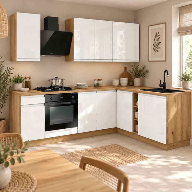 KUCHNIA VARIO 240X180CM BIAŁY AKRYL POŁYSK C10 EVOKE/BLAT EVOKE BEZ AGD