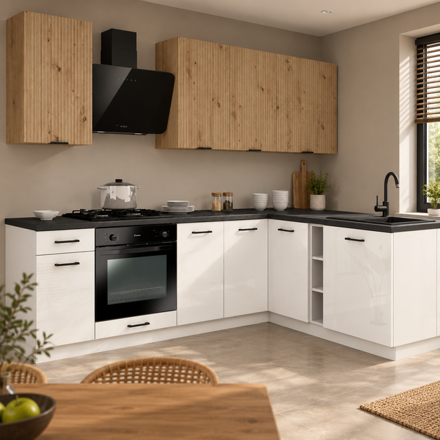 KUCHNIA VARIO 240X180CM RYFLOWANY ARTISAN/BIAŁY AKRYL POŁYSK C10/BLAT DISTRICT BEZ AGD