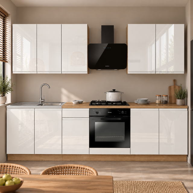 KUCHNIA VARIO 260CM BIAŁY AKRYL POŁYSK/BIAŁY AKRYL POŁYSK C10 EVOKE/BLAT EVOKE BEZ AGD