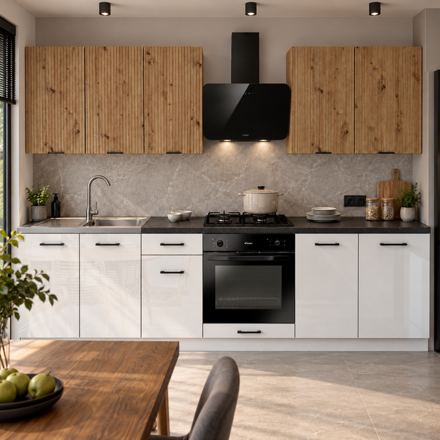 KUCHNIA VARIO 260CM RYFLOWANY ARTISAN/BIAŁY AKRYL POŁYSK C10/BLAT DISTRICT BEZ AGD