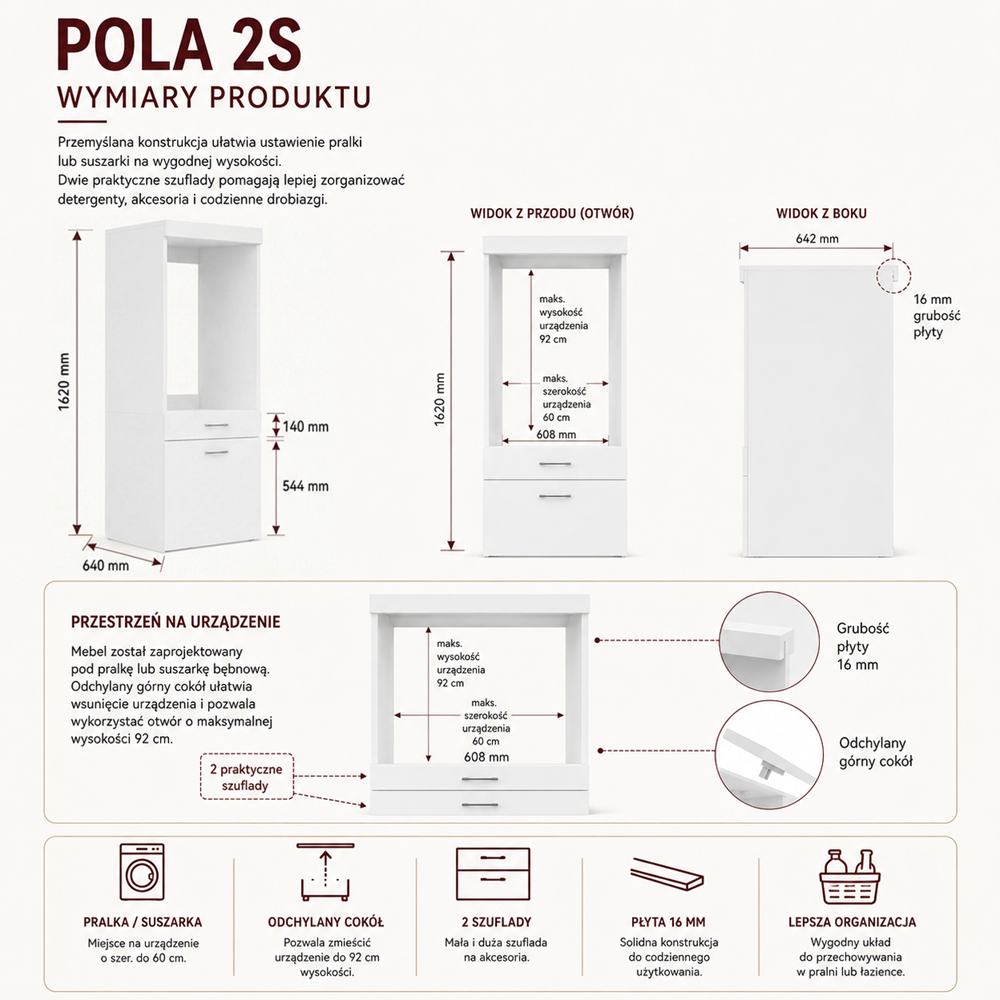 Szafka Łazienkowa Na Pralkę Lub Suszarkę POLA 2S BIAŁA 2 Szuflady Regał