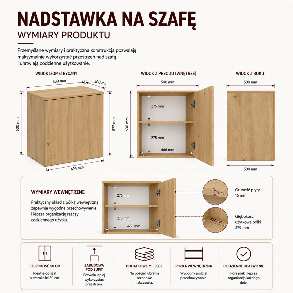 Nadstawka Na Szafę SD-50 Dąb Artisan Do Garderoby Pokoju Biura