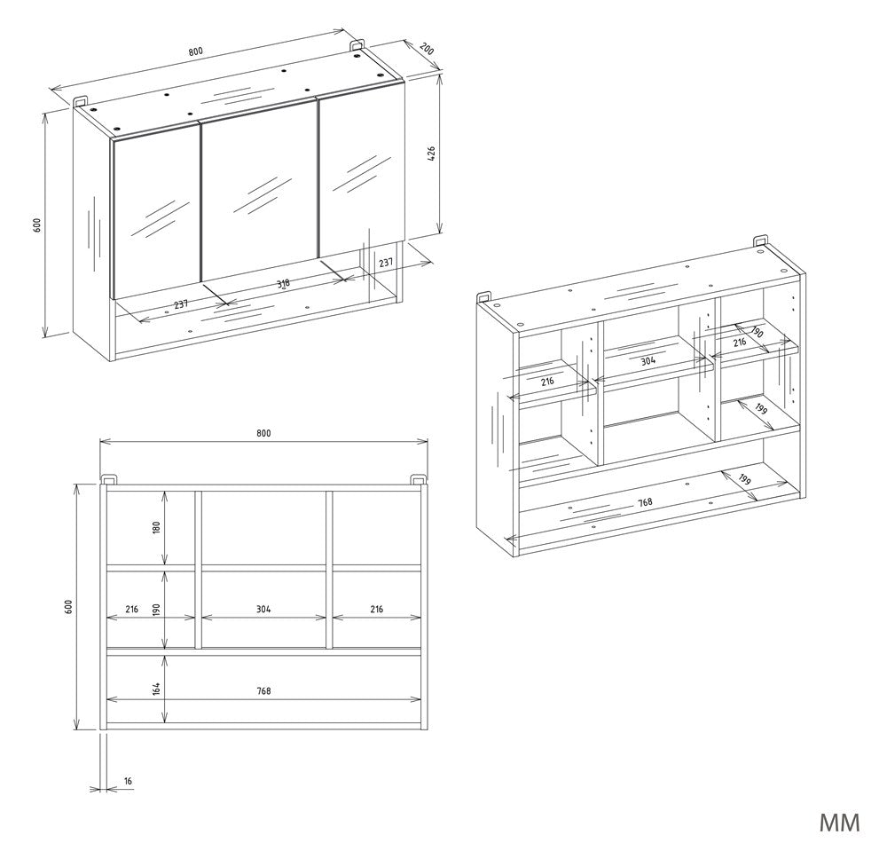 Szafka Łazienkowa Wisząca POLA 3DL/P DĄB ARTISAN 80 Cm 3 Lustra z Półką