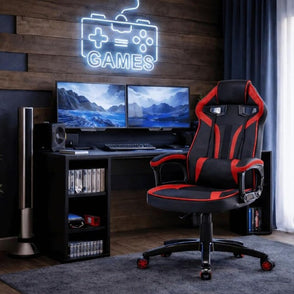 Zestaw BIURKO DANY Narożne ANTRACYT / DĄB ARTISAN + Fotel DRIFT CZERWONY