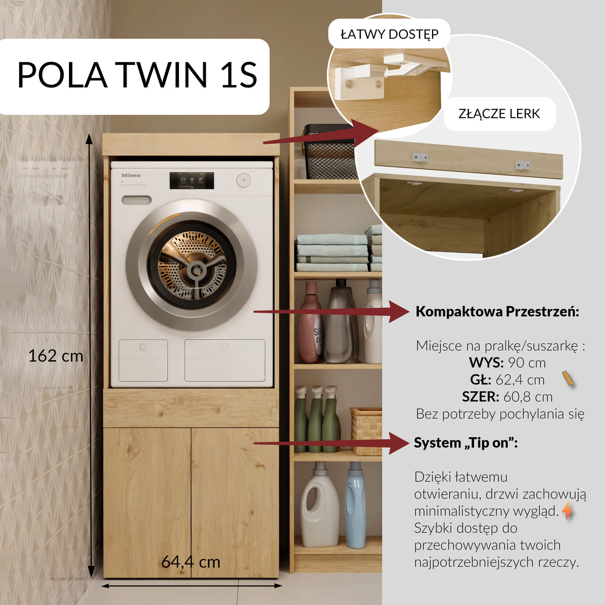 Szafka Łazienkowa Na Pralkę Lub Suszarkę POLA TWIN 1S Regał Szuflada DĄB ARTISAN