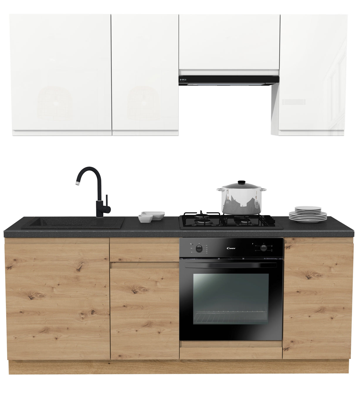 KUCHNIA VARIO 200CM BIAŁY AKRYL POŁYSK/ARTISAN C10/BLAT DISTRICT BEZ AGD