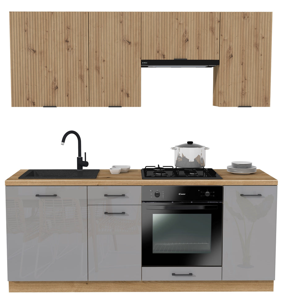 KUCHNIA VARIO 200CM RYFLOWANY ARTISAN/SZARY AKRYL POŁYSK C10/BLAT EVOKE BEZ AGD