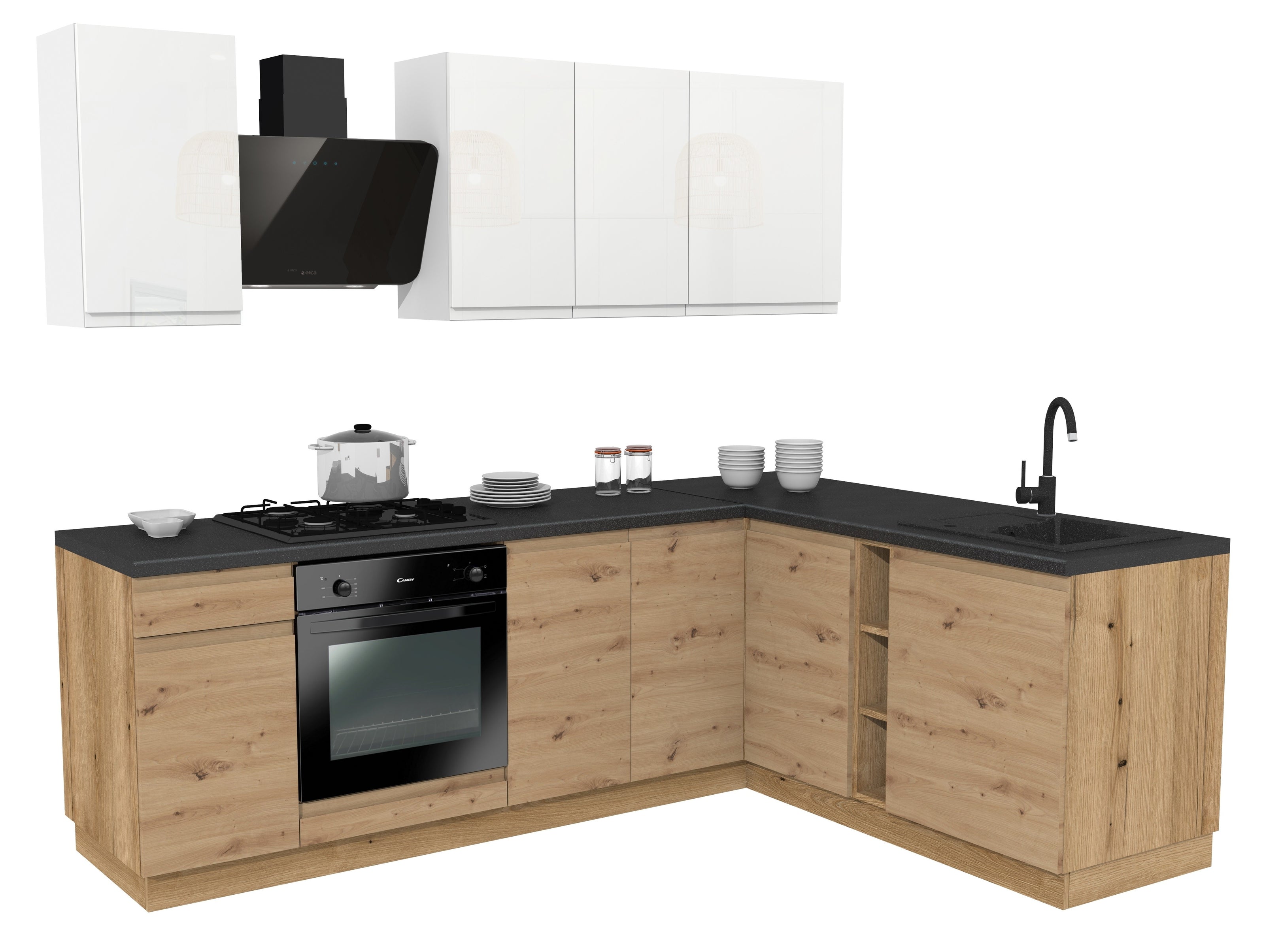 KUCHNIA VARIO 240X180CM BIAŁY AKRYL POŁYSK/ARTISAN C10/BLAT DISTRICT BEZ AGD