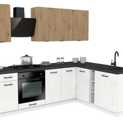 KUCHNIA VARIO 240X180CM RYFLOWANY ARTISAN/BIAŁY AKRYL POŁYSK C10/BLAT DISTRICT BEZ AGD