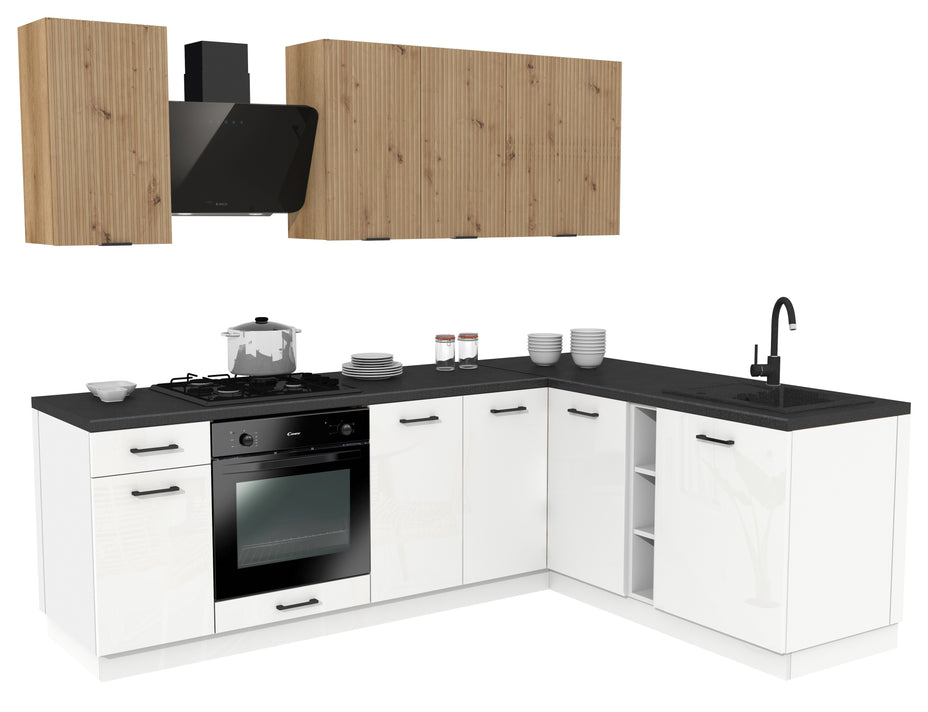 KUCHNIA VARIO 240X180CM RYFLOWANY ARTISAN/BIAŁY AKRYL POŁYSK C10/BLAT DISTRICT BEZ AGD