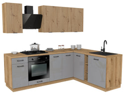 KUCHNIA VARIO 240X180CM RYFLOWANY ARTISAN/SZARY AKRYL POŁYSK C10/BLAT EVOKE BEZ AGD