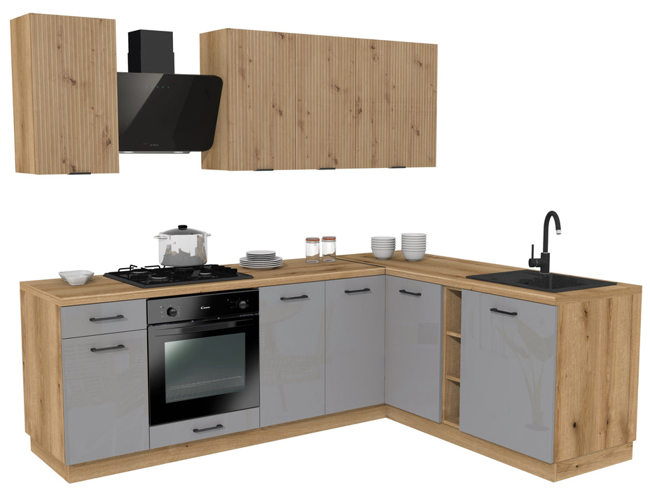 KUCHNIA VARIO 240X180CM RYFLOWANY ARTISAN/SZARY AKRYL POŁYSK C10/BLAT EVOKE Z AGD