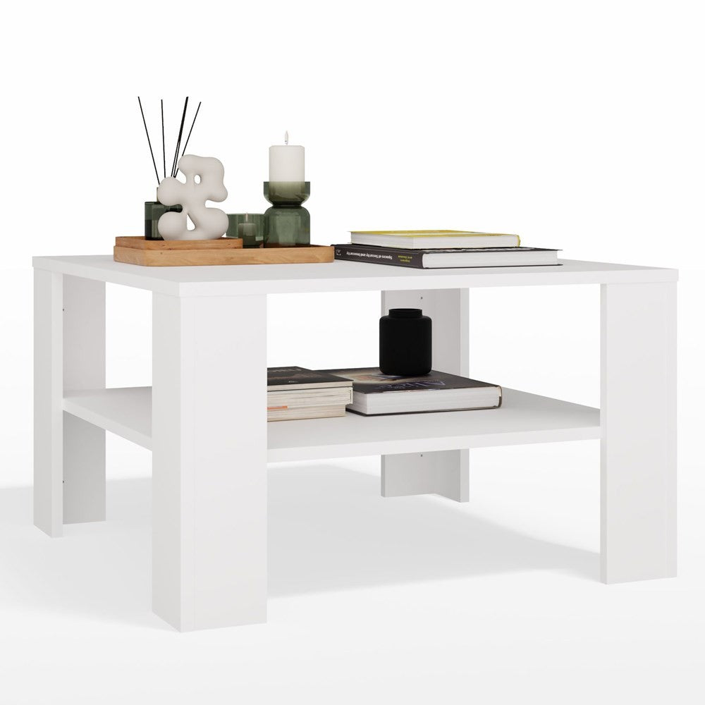 Table basse SQUARE — Blanche, étagère sous plateau, 68x68x40 cm