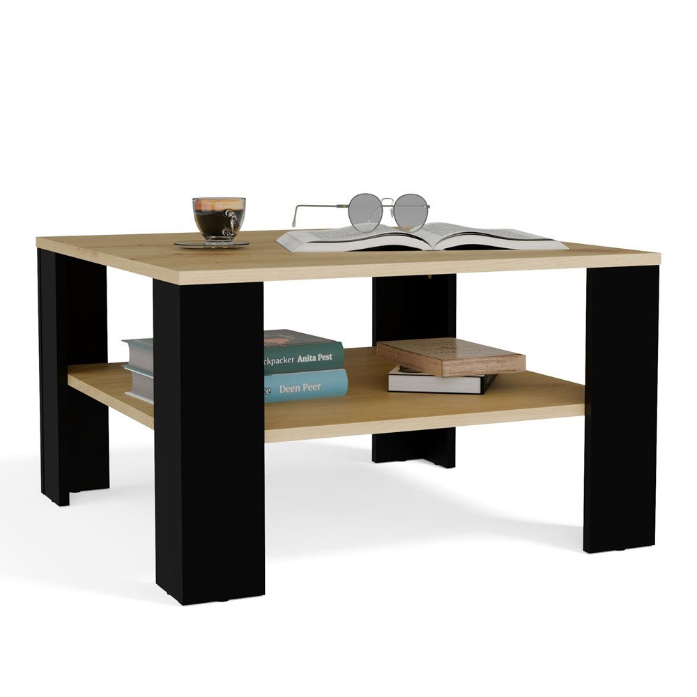 Table basse SQUARE avec étagère - Chêne Artisan / Noir