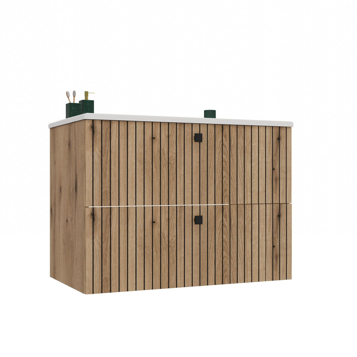 Meuble sous-vasque TIGO 80 2S + Vasque — Chêne Evoke, façade cannelée