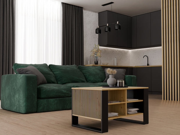 STOLIK KAWOWY ŁAWA MODERN 4P SLIM DĄB ARTISAN CZERŃ FREZY